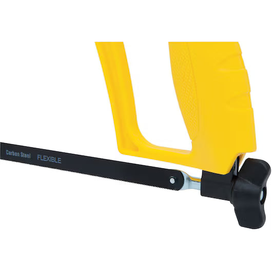 Close-up of the STANLEY® D-Shape Hacksaw by STANLEY, featuring a yellow handle, black carbon steel FLEXIBLE blade, and durable steel frame for precise cutting of metal or plastic materials.