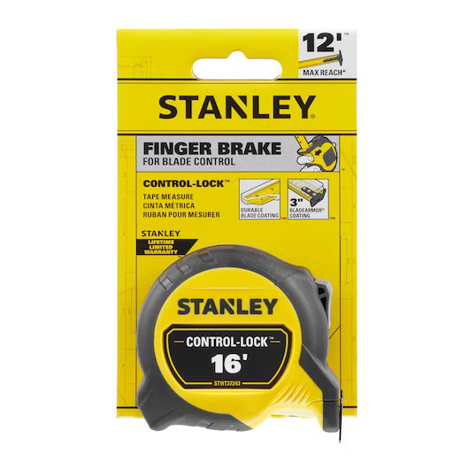 The STANLEY 16 ft. CONTROL-LOCK™ Tape Measure comes in yellow and black packaging with a clear front, features a finger brake, blade coating, and has a 12-inch max reach for durability and convenience.
