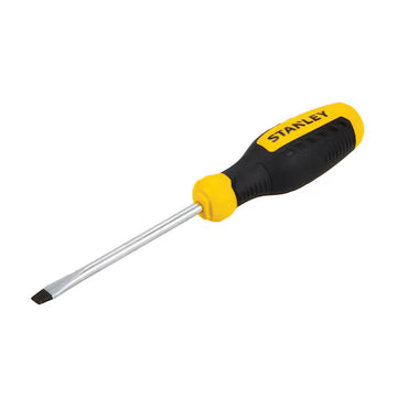 The STANLEY SD - SL 1/4 X 4 slotted screwdriver, featuring a black and yellow ergonomic handle and STANLEY branding, is displayed on a white background.