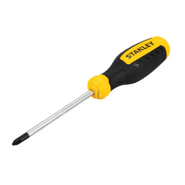 The STANLEY SD - PH2X4 is a Phillips head screwdriver with a black and yellow ergonomic handle and a precision-machined metal tip, shown on a white background.