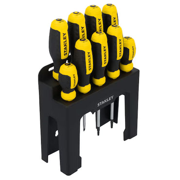 The STANLEY 9PC SCREWDRIVER SET WITH STAND displays nine yellow and black screwdrivers upright in an organized stand, featuring various sizes of Phillips drivers, each marked with the STANLEY brand name.