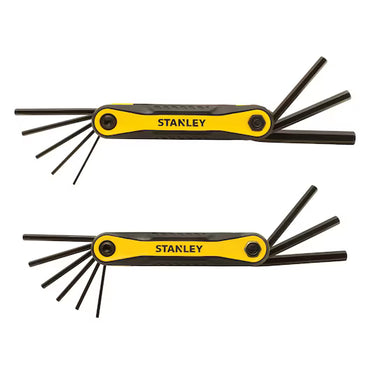 Two STANLEY FOLDING METRIC AND SAE HEX KEYS (2 PK), yellow and black, are displayed parallel on a white background with their steel hex keys extended in a fan shape.