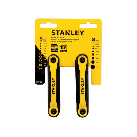 STANLEY FOLDING METRIC AND SAE HEX KEYS (2 PK) set in yellow and black packaging features 17 durable steel keys, with metric (1.5mm–8mm) and SAE (1/16–3/8) sizes. Includes two tools displaying the Stanley logo.