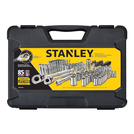 A black STANLEY tool case with a yellow label displays the 85PC SKT SET, an 85-piece mechanic tool kit made of chrome vanadium steel, featuring various sockets, ratchets, and accessories with the STANLEY logo.