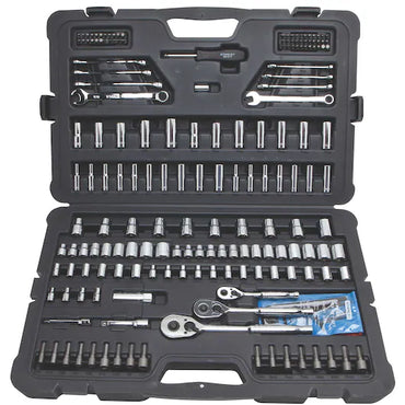 The STANLEY MECHANIC TOOL SET (201 PC) is shown open in black, with sockets, ratchets, wrenches, bits, and extensions neatly organized and securely held in designated slots.