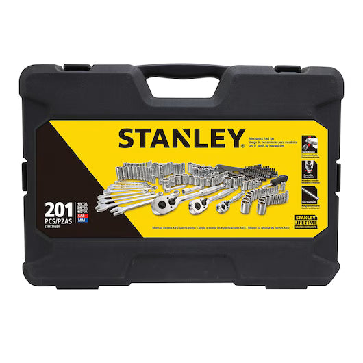 A black STANLEY case with a yellow label shows the 201-piece MECHANIC TOOL SET, featuring wrenches, sockets, and clear branding and product details on the front.