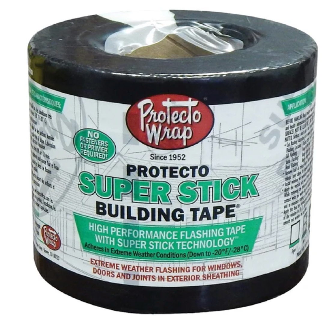 A roll of PROTECTO SUPER STICK BUILDING TAPE® by Go Build, The Fastest Way To Build, is high-performance flashing tape with Super Stick Technology for doors, windows, and joints. It provides extreme weather resistance and serves as an air vapor barrier.