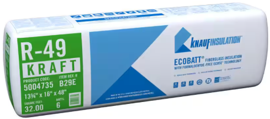 A Knauf R49 KFB insulation pack by Go Build highlights blue and white branding with R-49 Kraft and code 5004735, offering 32 sq. ft. of formaldehyde-free, high-density fiberglass for exceptional thermal performance at $2.68/sq.ft.