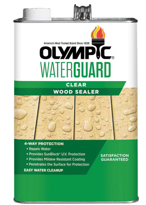 The Olympic Waterguard 1 gal. Clear Wood Sealer, prominently displayed, promises wood waterproofing excellence with its water-repellent properties, UV protection, mildew resistance, and easy cleanup. Shining wood surfaces illustrate its effectiveness with satisfaction guaranteed boldly on the can.