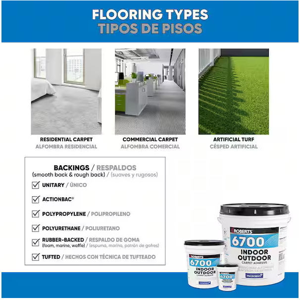 Image featuring residential carpet, commercial carpet, and artificial turf, with backing details and pictures of ROBERTS Creamy Tan 4 Gal. Indoor/Outdoor Carpet and Artificial Grass Adhesive. Text is shown in English and Spanish.