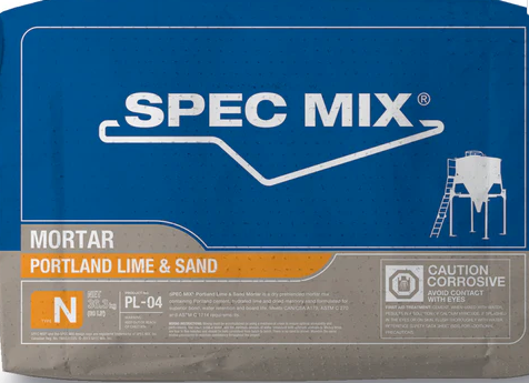 The Go Build Spec Mix Mortar Type N 80 lbs Bag meets ASTM C270 specs, features blue/gray packaging with a silo and ladder illustration, cautions for corrosive material, and is ideal for masonry projects.