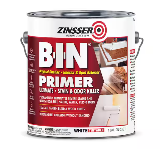 A 1-gal can of Zinsser B-I-N Shellac-Based White Interior Primer and Sealer blocks smoke, water, and pet stains and odors; ideal for interior and spot exterior use.