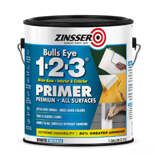 A 1-gallon Zinsser Bulls Eye 1-2-3 White Water-Based Interior/Exterior Primer and Sealer features blue and white labeling, images of paint use, and text highlighting durability, stain blocking, mold resistance, and excellent adhesion.