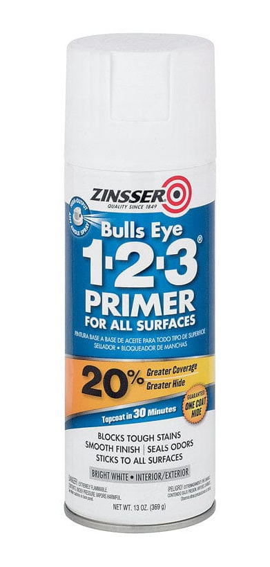 A 13-oz. can of Zinsser Bulls Eye 1-2-3 White Water-Based Interior/Exterior Primer and Sealer offers 20% greater coverage, a smooth finish, stain-sealing power, and mold resistance for all surfaces.