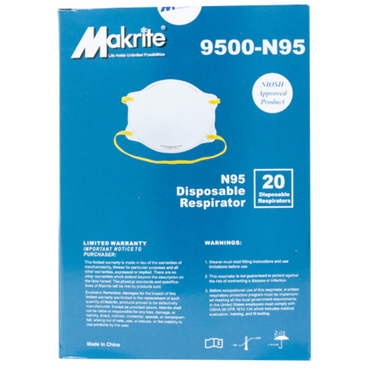 Image of a blue box containing Makrite N95 Disposable Particulate Respirator Masks (20-Pack). The box displays NIOSH Approved Product, features the mask with ultrasonic welded head straps, and includes warning and warranty info below.