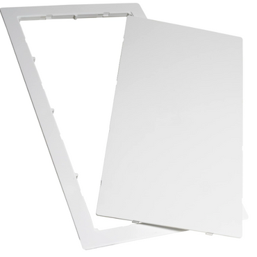 The 14 in. x 29 in. Access Panel for Drywall by Go Build features a durable plastic design with a sleek, white rectangular appearance. Displayed at an angle with the door slightly open, it reveals a simple design and smooth surface, perfect for drywall installations.