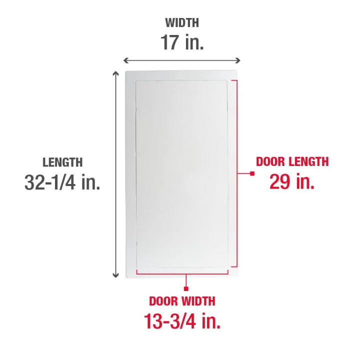 Diagram of the Go Build 14 in. x 29 in. Access Panel for Drywall, crafted from durable plastic with overall dimensions of 17 inches by 32-1/4 inches. Highlights include door section measurements and arrows showing dimensions for easy installation.