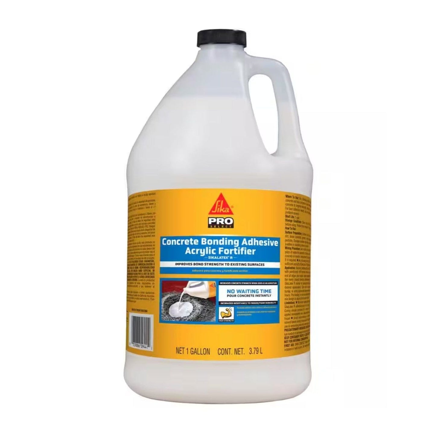 A 1-gal. container of SIKA 187782 SikaLatex Concrete Bonding Adhesive and Acrylic Fortifier by Sika, featuring a white body, yellow label, black cap, and detailed product info and images on the front.