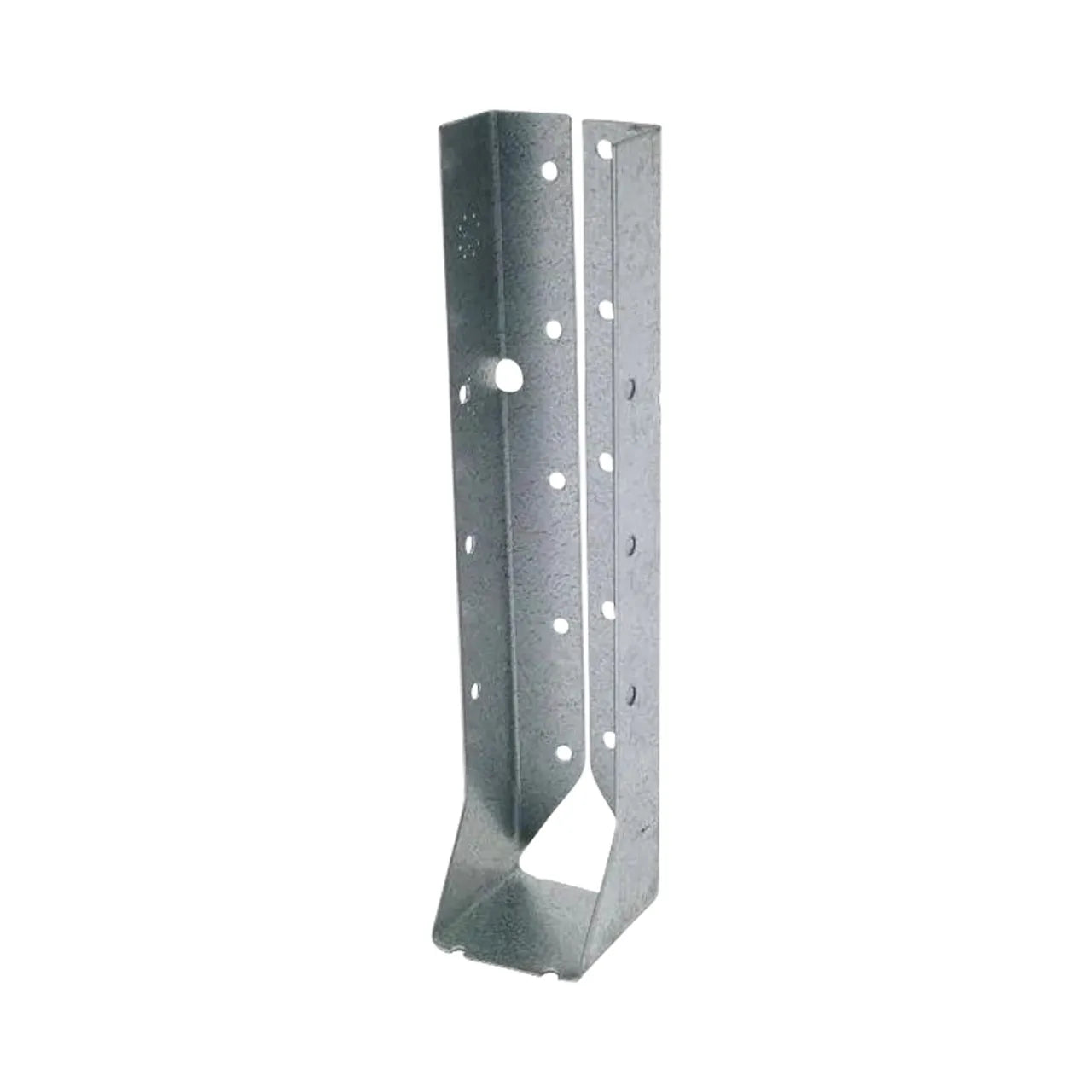 The Go Build 2 in. x 10 in. LUC ZMAX Galvanized Face-Mount Concealed-Flange Joist Hanger features multiple flange holes to support wooden beams with its L-shaped design and rust-resistant ZMAX finish for durability.