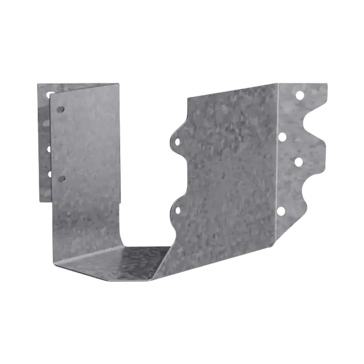 The Go Build 2 in. x 6 in. SUL ZMAX Galvanized Joist Hanger, skewed left, features a U-shaped profile and perforated holes for structural support in construction. Made of durable, corrosion-resistant ZMAX galvanized steel, it’s an ideal choice for any installation.
