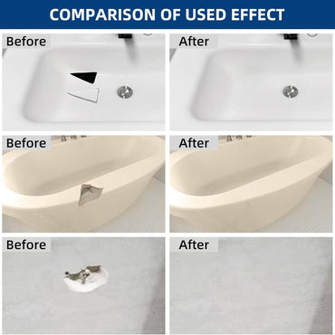 A comparison image shows the before and after effects on three surfaces: a sink with a black mark, a chipped bathtub, and a wall hole. Each damaged before transforms into smooth, repaired surfaces with the FENFANDAS Tub and Fiberglass Shower Repair Kit White by Fefandas.