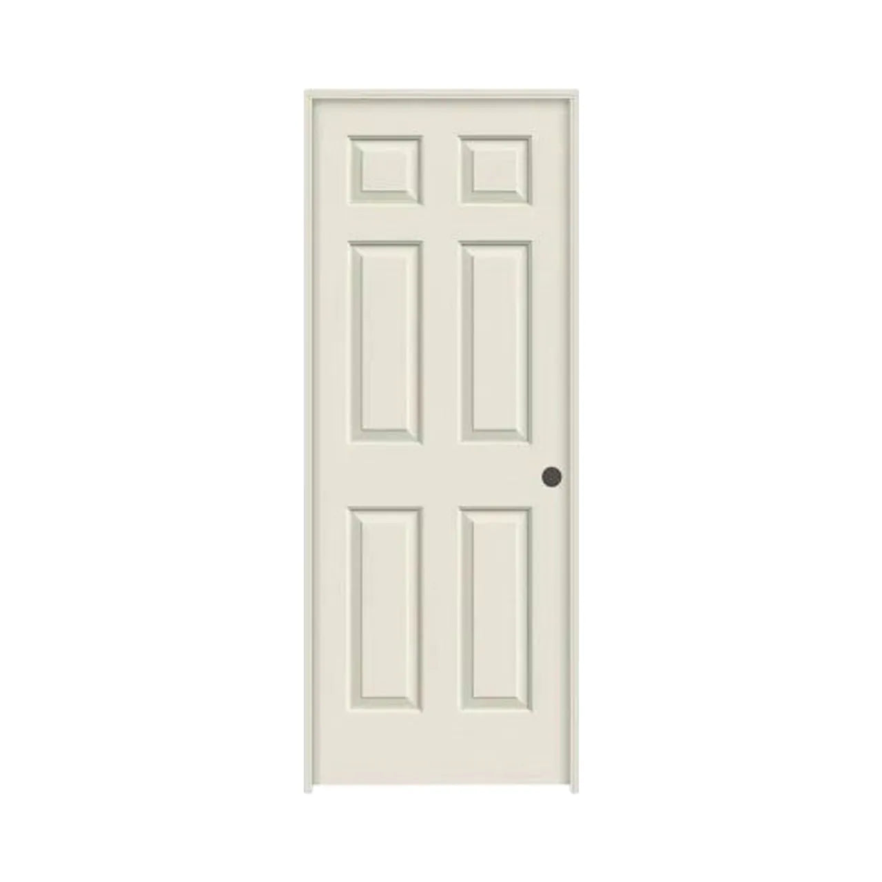A closed 28 in. x 78 in. LH Colonist Primed Textured MDF Prehung Door with split jamb from Go Build is shown against a white background, featuring a left-hand hollow-core design.