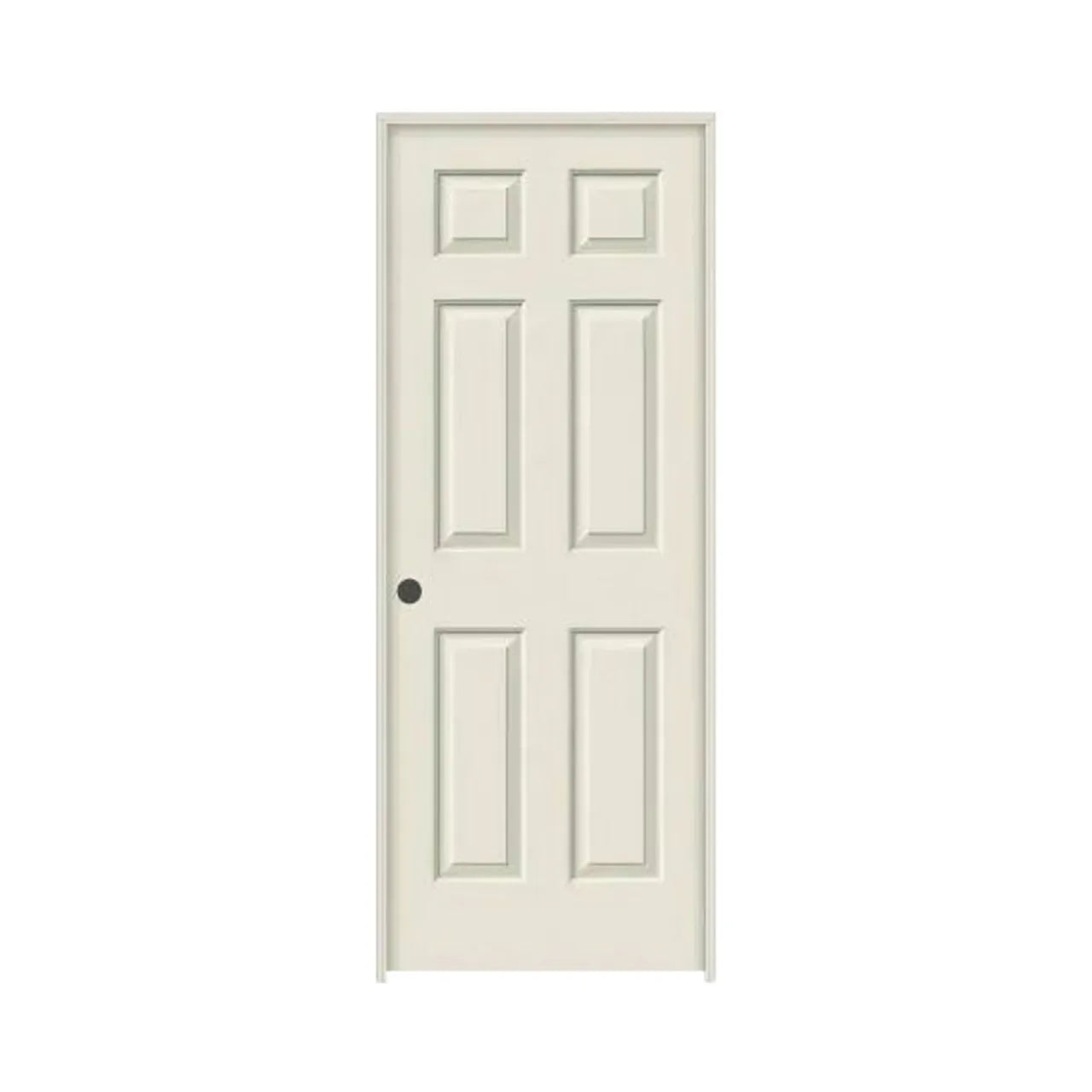 The Go Build 30 in. x 78 in. RH Colonist Primed Textured Composite MDF Prehung Door with split jamb and hollow core is a right-hand interior door, shown plain white with a doorknob hole on the left side against a white background.