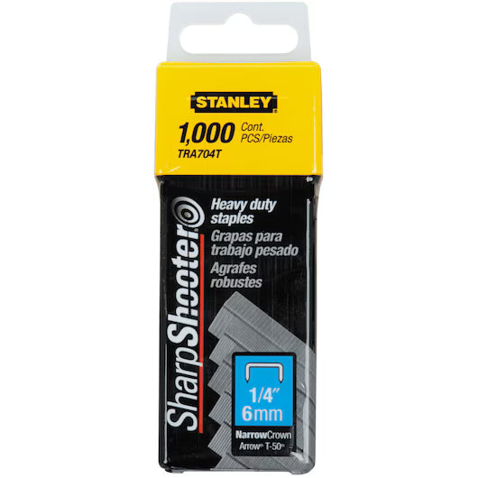 A 1,000-pack of STANLEY® Heavy-duty 6mm staples, compatible with Arrow T-50 staplers, features the brand’s signature black and yellow packaging.