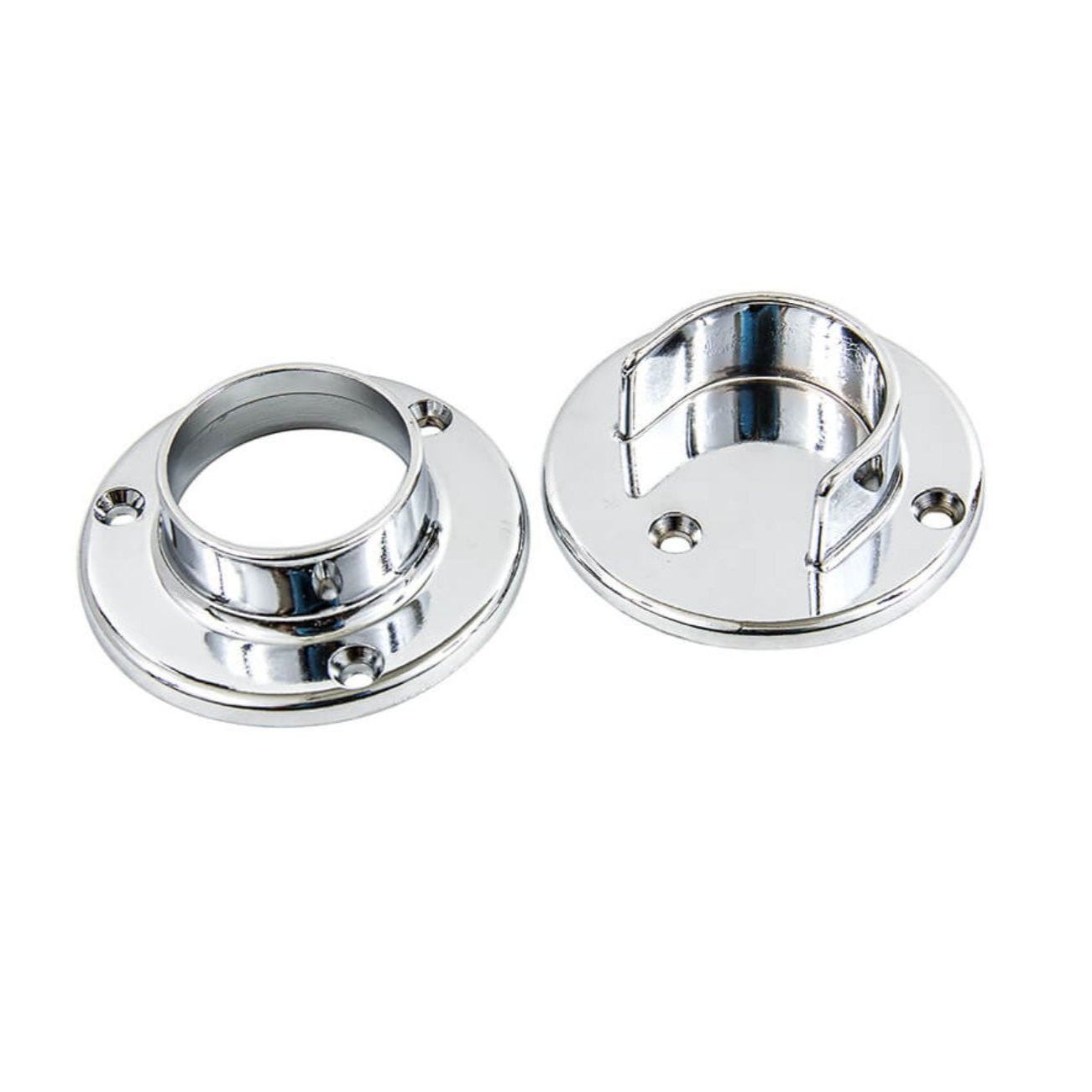 Two chrome TUFF STUFF TUF69452 heavy-duty closet pole sockets are showcased against a white background, featuring a circular base with two screw holes each and a raised cylindrical ring for secure closet organization support.