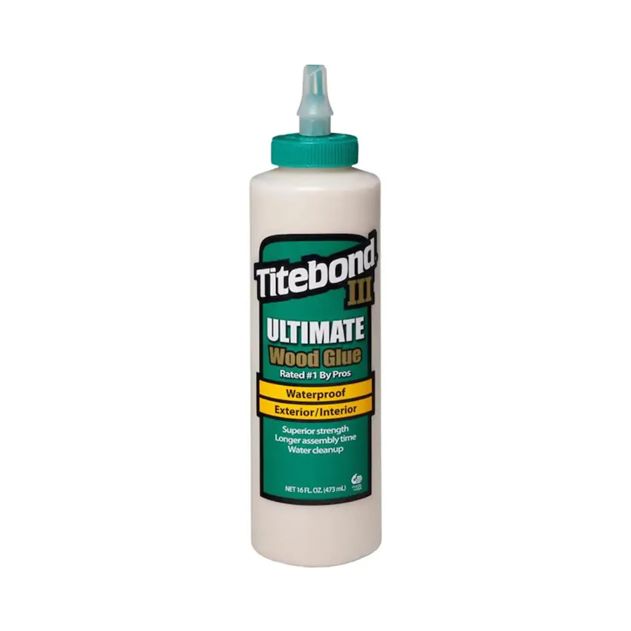 The TITEBOND 1414 16 oz. III Ultimate Wood Glue features a green and yellow label, pointed applicator tip, is water-resistant, non-toxic, and suitable for both exterior and interior use.