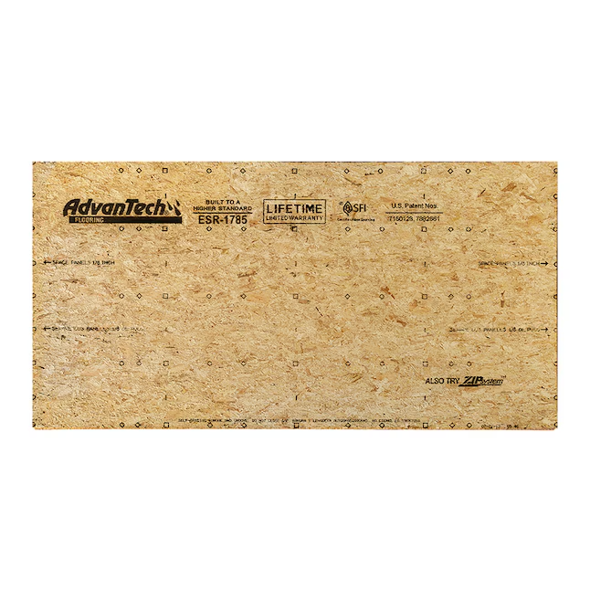 The Go Build Advantech 3/4 in - 23/32 in. x 4 ft. x 8 ft. Tongue & Groove OSB Underlayment Panel features high-density engineered wood with grain patterns and printed text showcasing the brand, product specifications, warranty details, and a dot grid for precise installation.