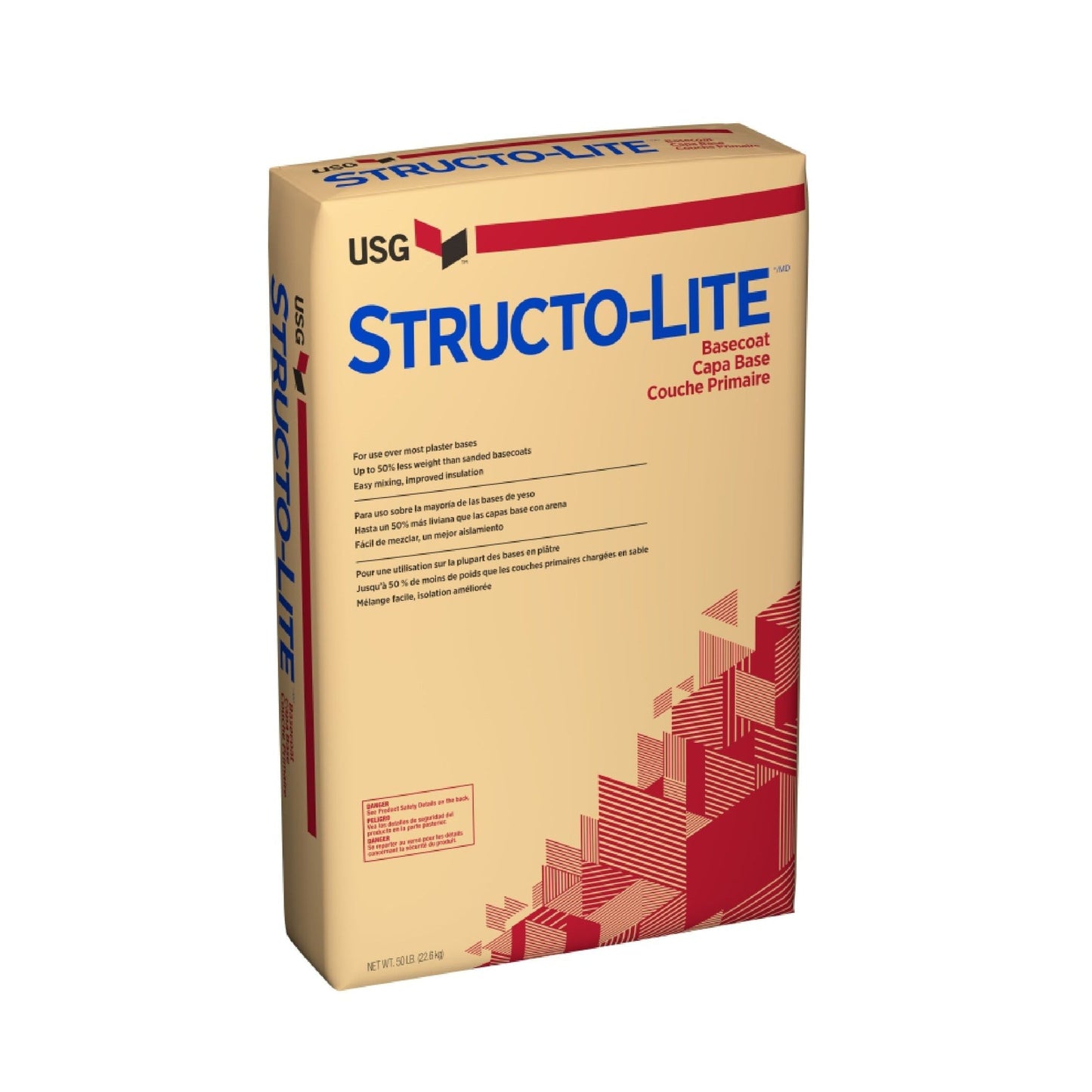 The USG 163841040 Structo-Lite Basecoat Plaster features a red and beige design with geometric patterns, prominently displaying product details. This lightweight USG plaster comes in a 50 lb bag, ideal for versatile applications.