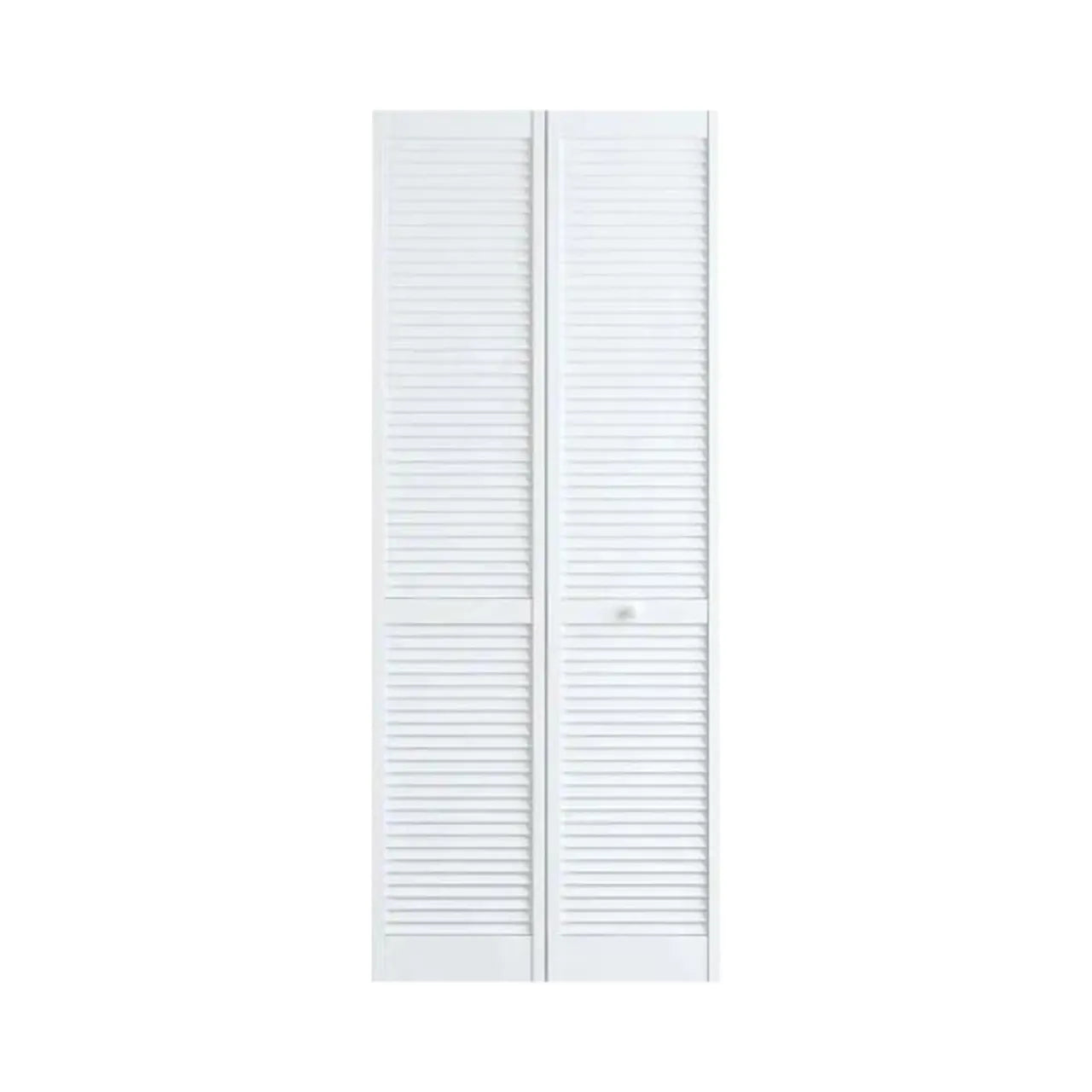 The Go Build 24 in. x 78 in. Louver Pine Interior Closet Bi-fold Door in white features a full louver design with horizontal slats, displayed against a plain white background.