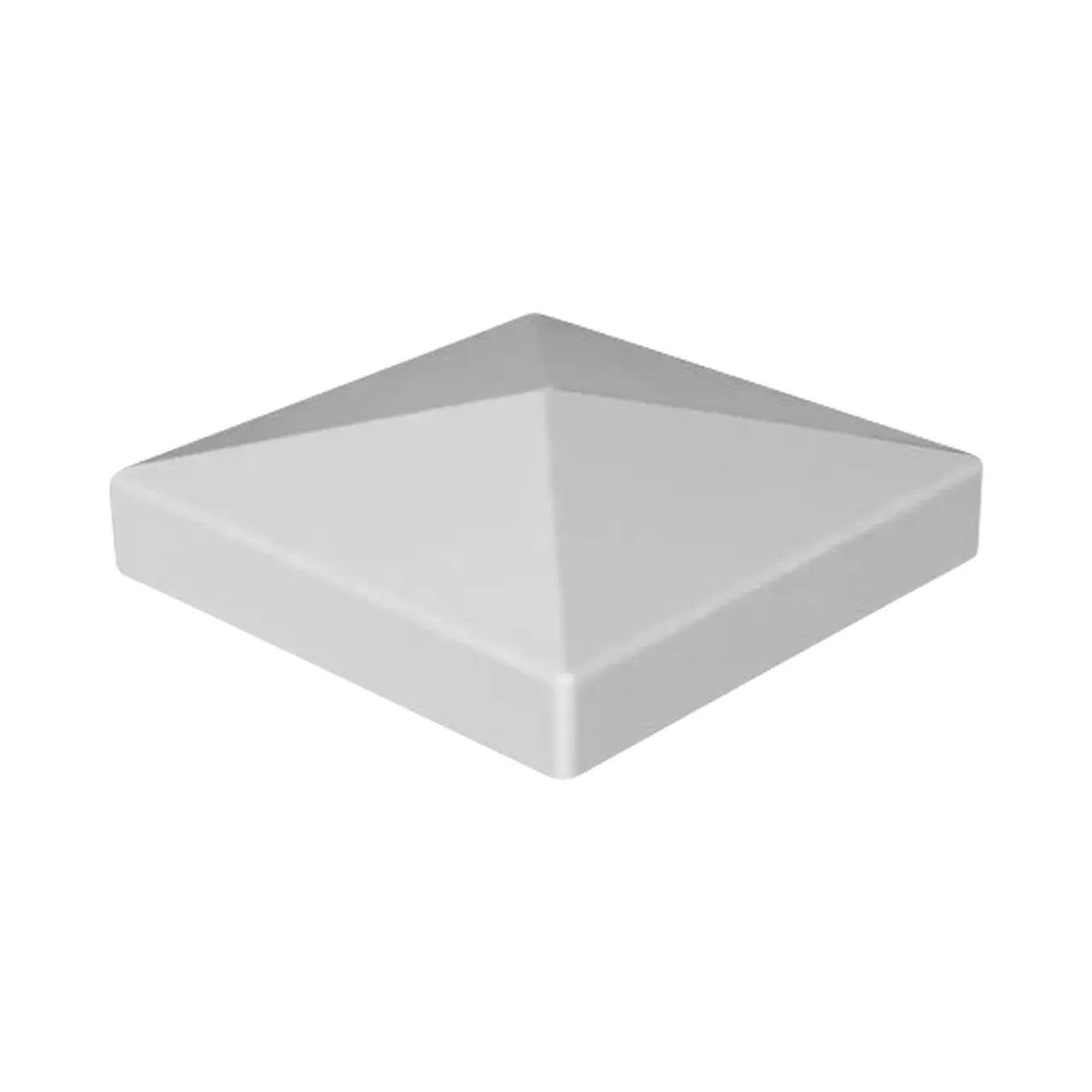 A white 5 in. x 5 in. Vinyl Pyramid Fence Post Top by Go Build, The Fastest Way To Build, featuring smooth edges and a square pyramid shape, is shown from an angle against a plain white background.