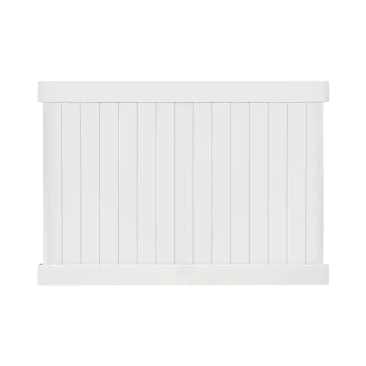 The Go Build 6 ft. x 8 ft. Vinyl Privacy Panel Fence Kit in white features vertical slats and solid top and bottom boards, ideal for privacy—perfect as an isolated fence panel on a plain white background.