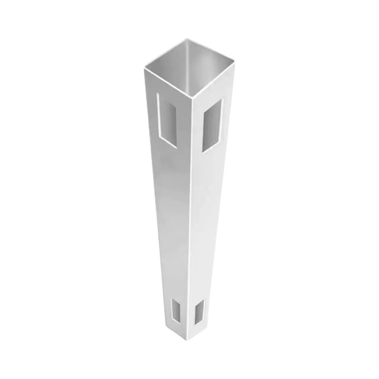 The Go Build Acadia 5 in. x 5 in. x 9 ft. Vinyl Corner Fence Post in white features a square, tapered, hollow design with rectangular cutouts on each face, shown from an angled top-down view against a white background.