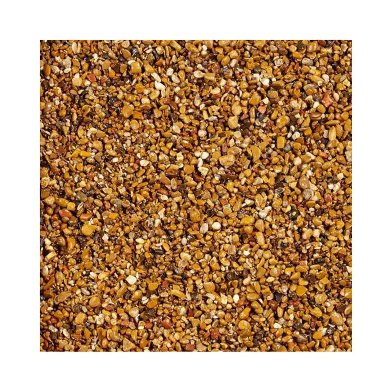 A close-up of Go Build Bagged Pea Gravel Pebble Landscape Rock displays mixed brown and yellow tones with varied textures, perfect for decorative landscaping. From Go Build, The Fastest Way To Build.