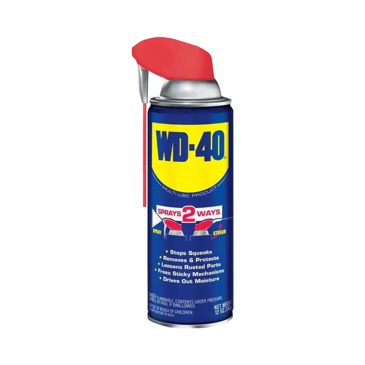 The WD-40 490057 Multi-Purpose Lubricant Spray (12 oz.) includes a red spray nozzle and Smart Straw, offering Sprays 2 Ways for precision. It stops squeaks, drives out moisture, prevents rust, loosens rusted parts, and frees sticky mechanisms.