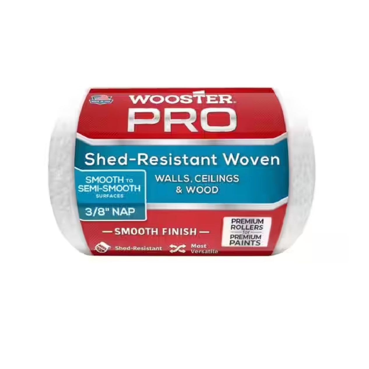 The WOOSTER HR274-4 4x3/8 Pro Shed-Resistant Roller Cover is shown against a white background, perfect for tool painting. Its labeled Shed-Resistant Woven for smooth finishes on walls, ceilings, and wood.