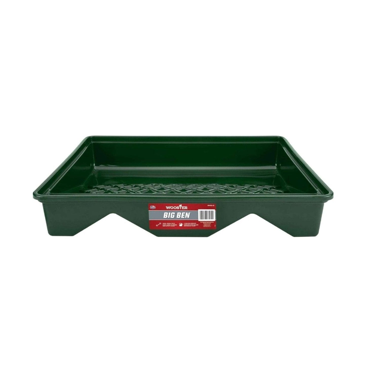 The WOOSTER BR412-21 Big Ben 21 in. plastic tray, offered by WOOSTER, includes a textured base making it perfect for rolling paint rollers. With its essential rectangular shape and sturdy raised edges, this tool is ideal for any painting project.