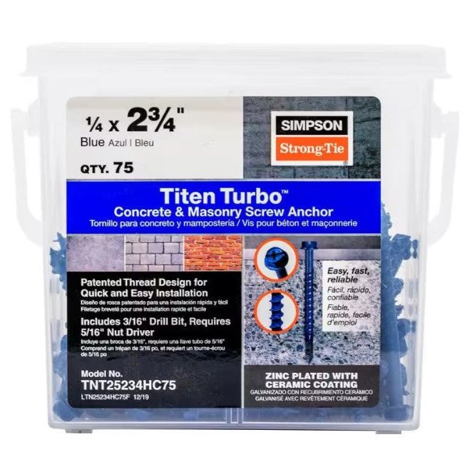 A clear plastic container holds 75 Simpson Strong-Tie Titen Turbo 1/4 in. x 2-3/4 in. Hex Head concrete screws with Torque Reduction Channel. The label shows a blue anchor screw and includes installation instructions.