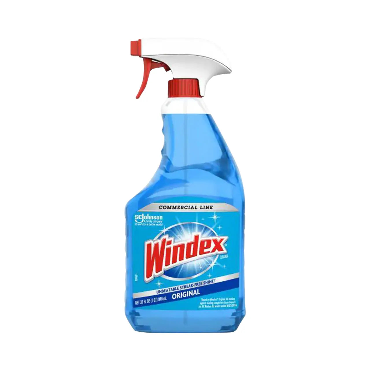 The Go Build 32 oz. Commercial Line Trigger Bottle Original Glass Cleaner delivers a streak-free shine with its powerful formula, featuring a clear plastic bottle, red and white nozzle, and blue label.