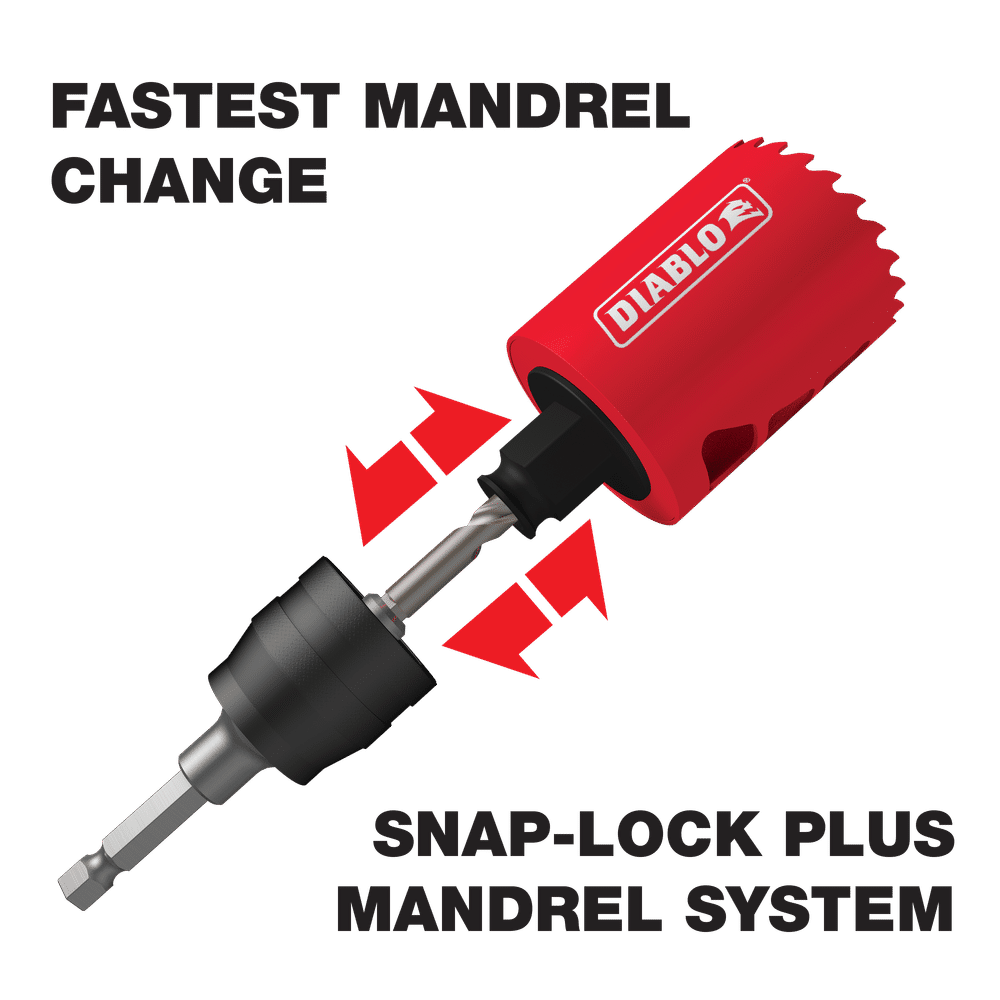 Illustration of a red drill attachment, DIABLO DHSAR375, with arrows showing its connection to a bit. Features the Fastest Mandrel Change and the advanced Snap-Lock Plus™ Mandrel System by Diablo for superior cutting performance in hole saws.