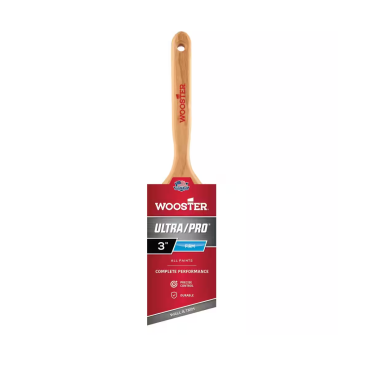 The 3-inch WOOSTER Ultra/Pro paint brush, featuring a wooden handle and firm angle sash, is ideal for professional painters. It comes in red and silver packaging that promotes complete performance with all paints.