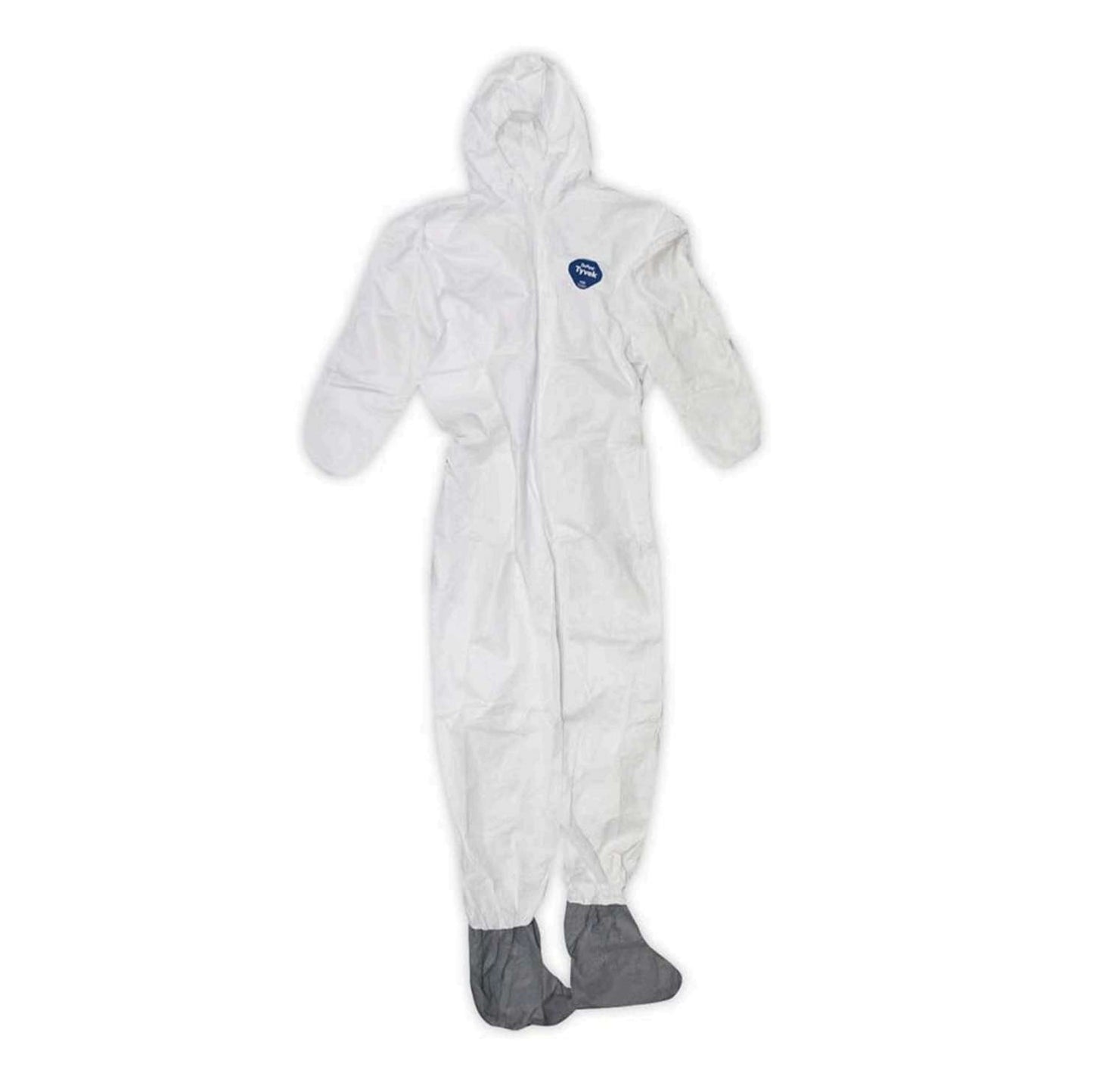 The TRIMACO 141232 Tyvek Coveralls With Hood and Boots, XL, are white protective suits with a hood and gray shoe covers, perfect for asbestos removal, shown flat on a white background.