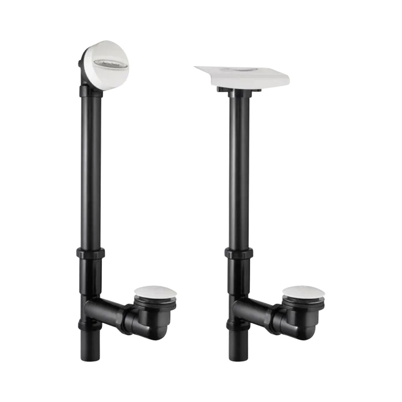 Two black and white Go Build Deep Soak Whirlpool Drain and overflow pipe assemblies are shown, featuring vertical pipes with circular drain and overflow covers for full body immersion, displayed against a white background.