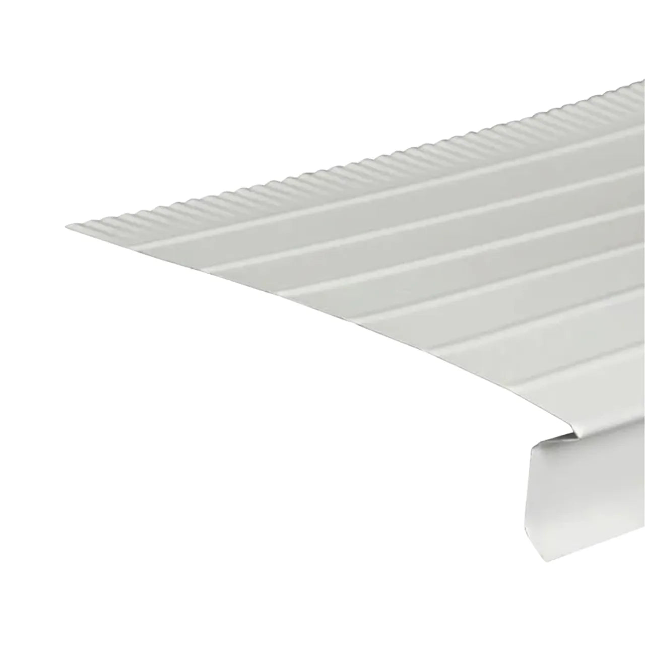 A close-up of the Go Build F8 6 in. x 10 ft. Aluminum Drip Edge Flashing in white, showing its corrugated metal with ridges and a bent edge, designed for roofing or siding applications.
