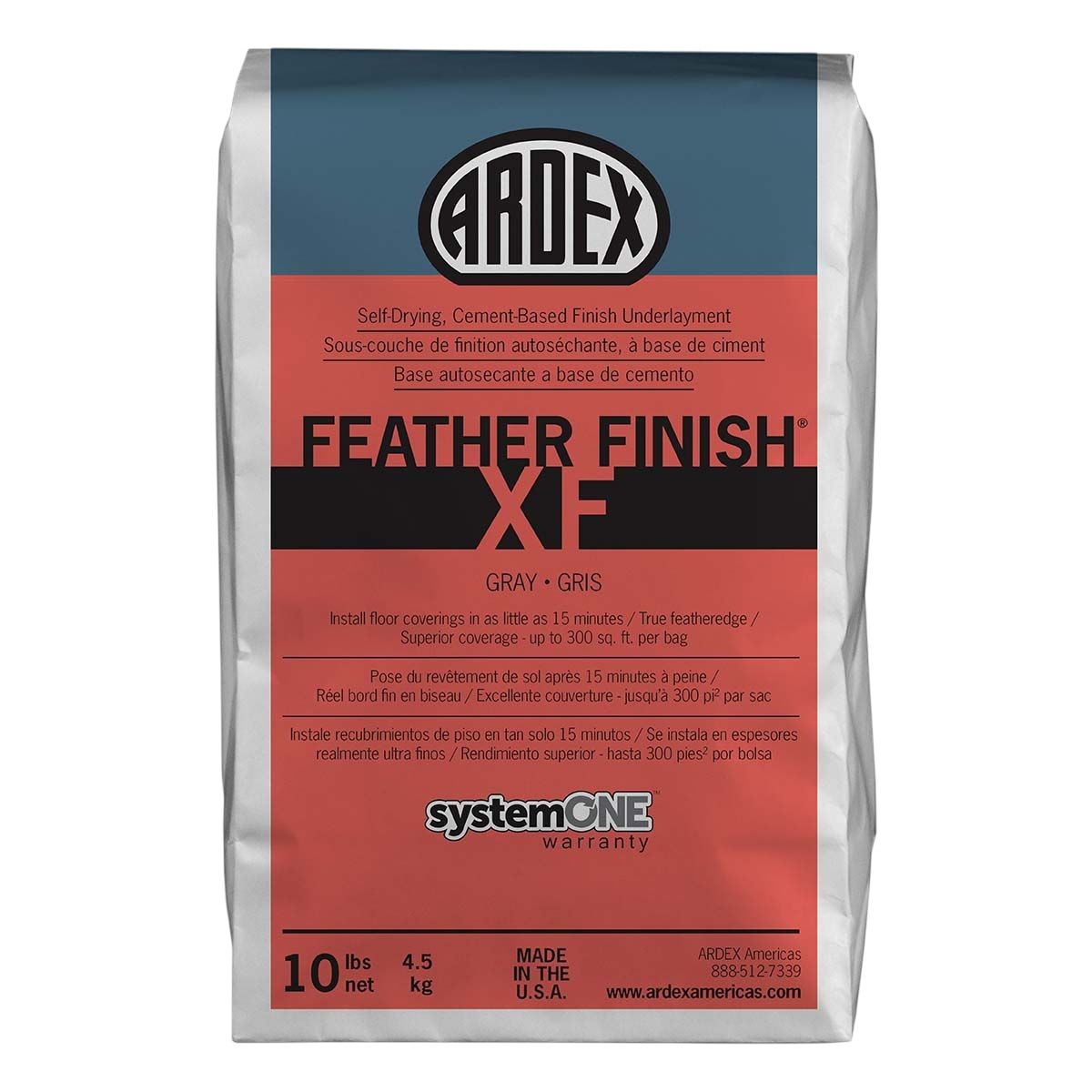 A 10 lb bag of MasterSeal ARDEX FEATHER FINISH XF Self-Drying Cement Underlayment in gray, with English and French packaging featuring red, gray, and white details.