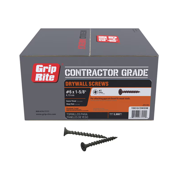 Box of Grip-Rite #6 x 1-5/8 in. drywall screws, product code 158CGCDWS5M, with black phosphate coating. Suitable for gypsum board to wood applications with a coarse thread for better grip. Includes #2 Phillips Bugle Head and comes in a 25 lb. pack with 5,000 screws.