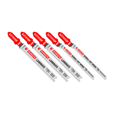 The DIABLO DJT505 Bi-Metal Jig Saw Blade 5-Piece Set by Diablo features ultra-hardened cutting edges and red tips in a fan shape. Each blade is marked for specific uses like Laminate and Scroll Cut Wood, showcasing versatile T-shank design for dependable performance.